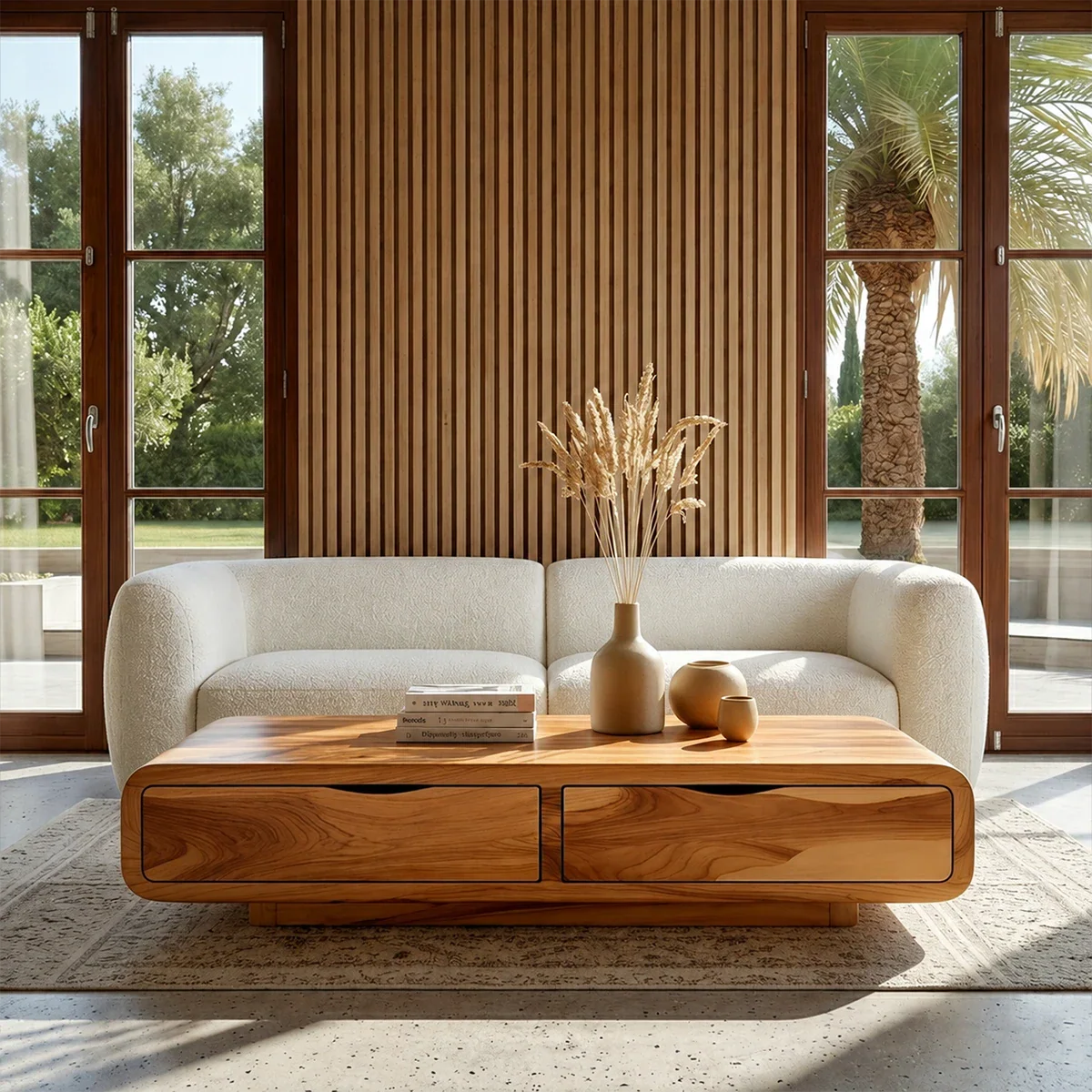 Modern Coffee Table with Storage Drawers – Natural Wood Center Table for Living Room