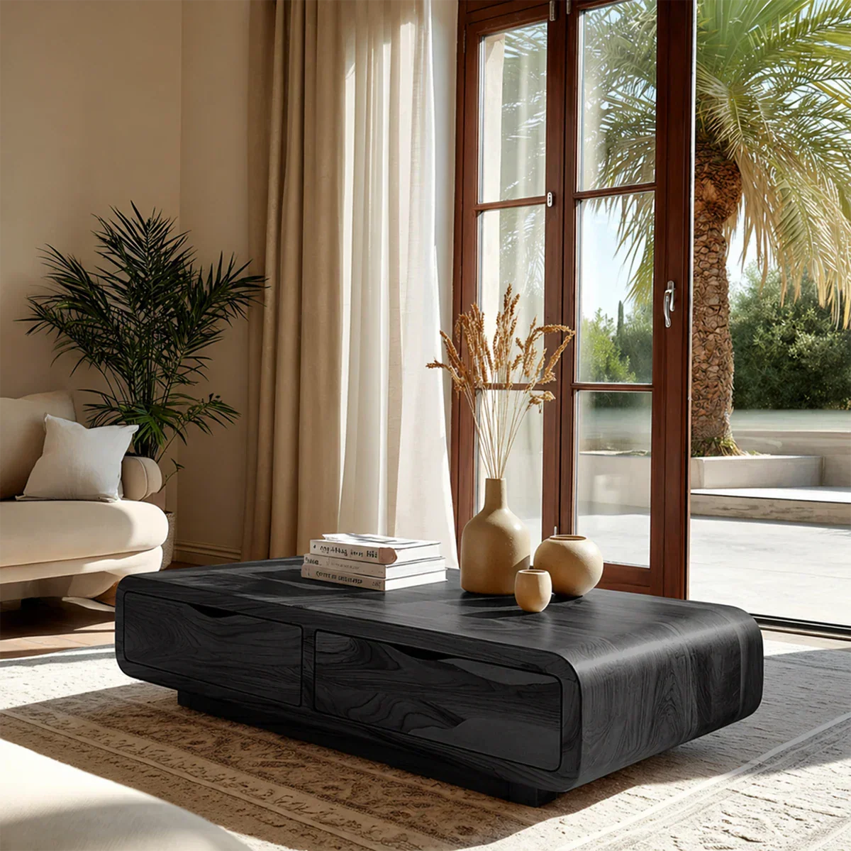 Compact coffee table with built-in storage and rounded design for modern interior spaces
