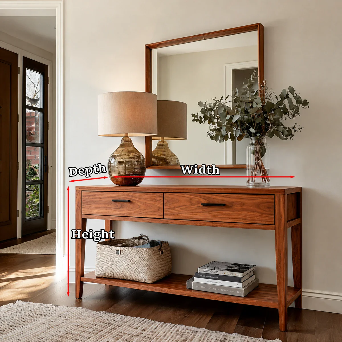 Modern foyer console with clean architectural lines and versatile open storage design