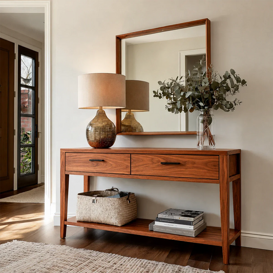 Modern console sideboard with dual drawers and open shelf storage for organized interiors