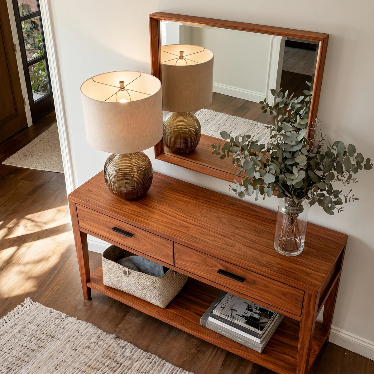 Modern hallway console featuring integrated drawers and spacious lower storage shelf