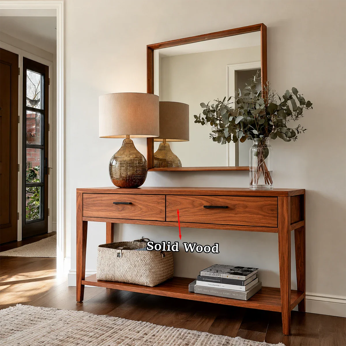 Sleek console sideboard featuring organized storage drawers and functional display shelf