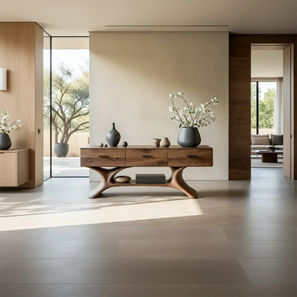 Elegant hallway console table with smooth natural wood texture and sculptural base in modern interior