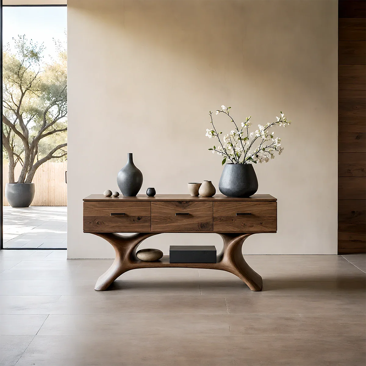 Wooden console table with decorative items in a modern interior setting