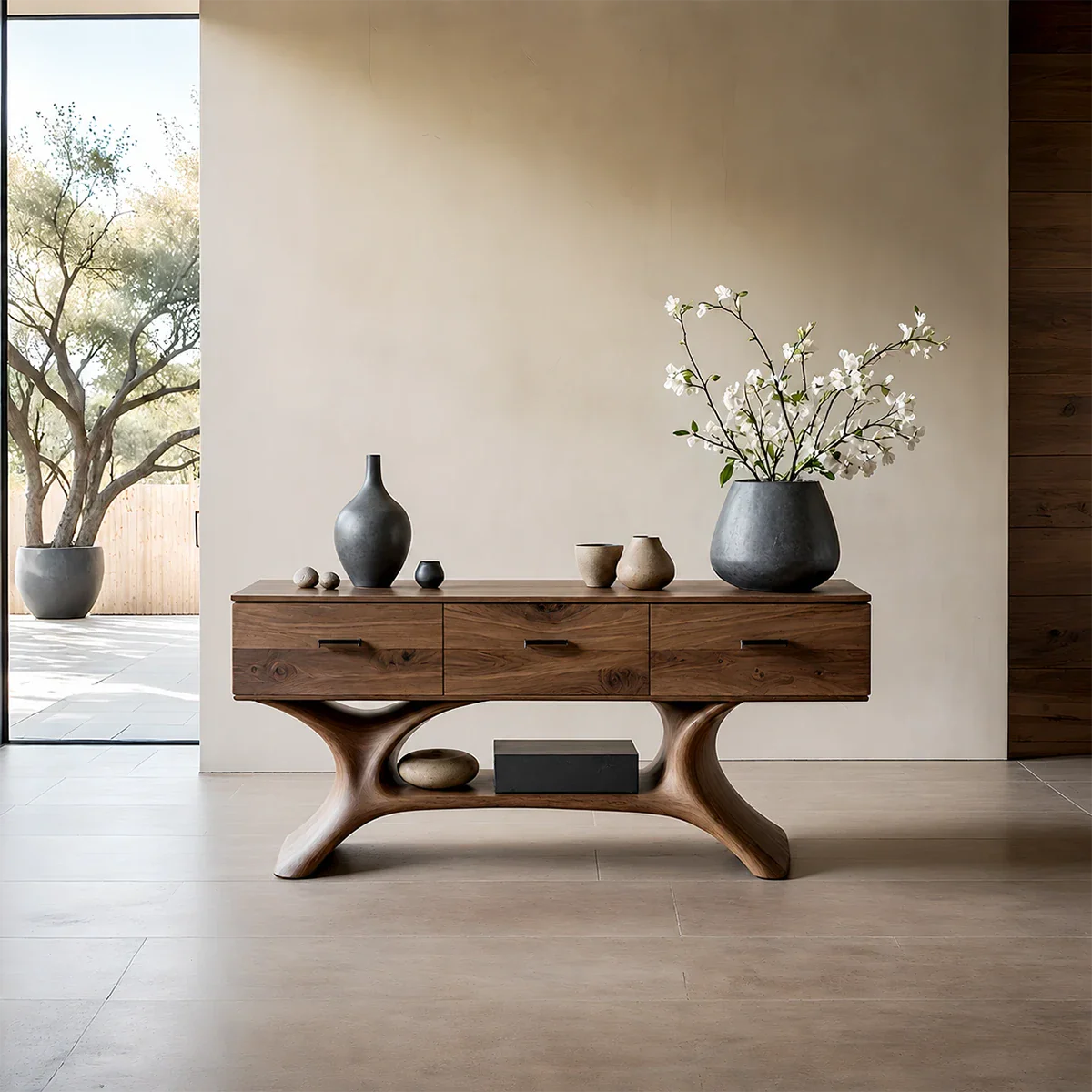 Entryway Console Table in Natural Solid Wood with Storage Drawers for Modern Homes