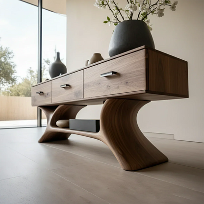 Contemporary wooden console table with unique curved support and storage drawers in clean space