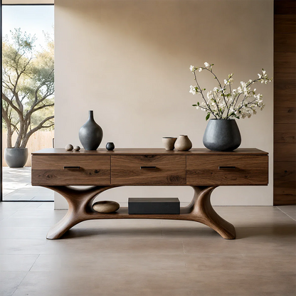 Entryway Console Table in Natural Solid Wood with Storage Drawers for Modern Homes