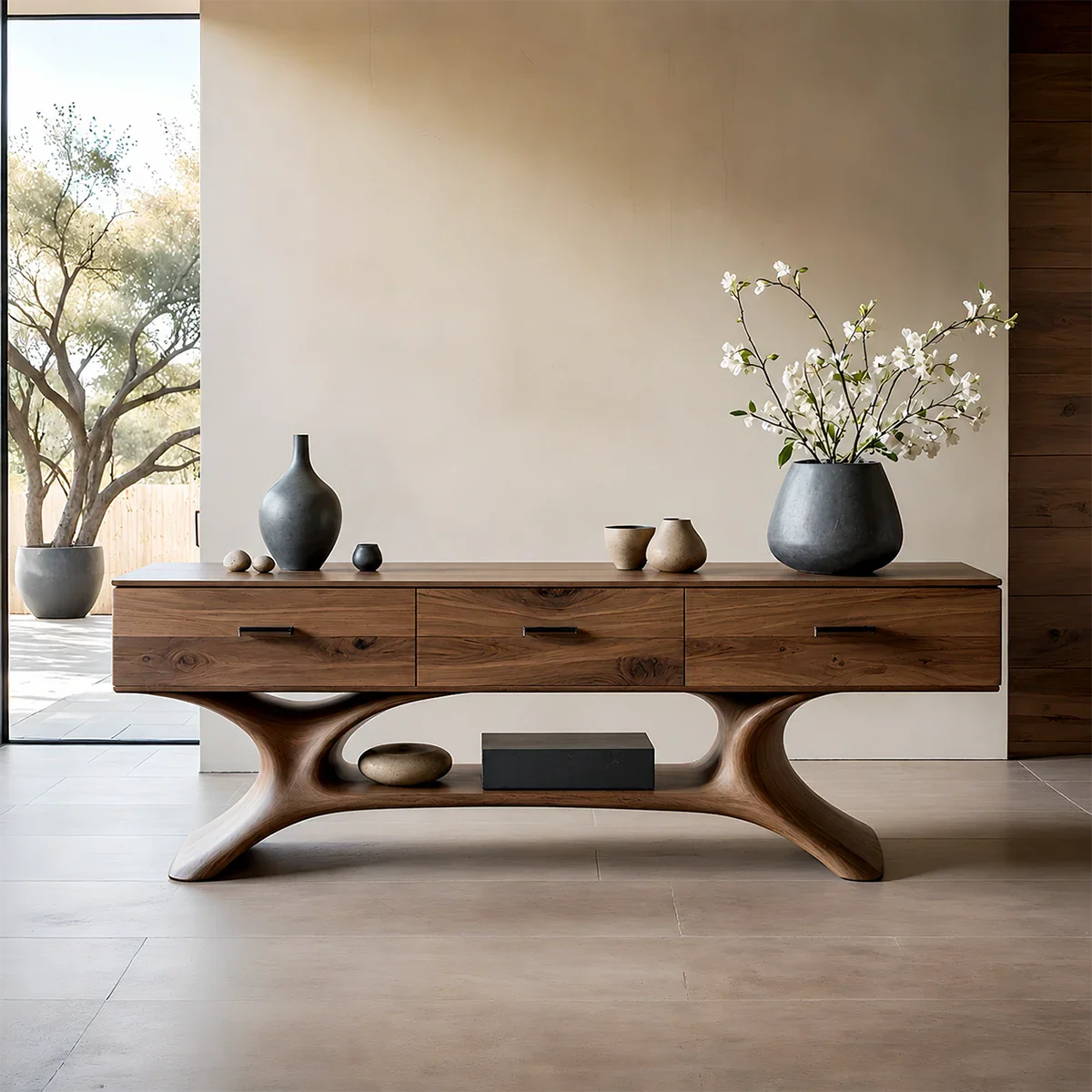 Entryway Console Table in Natural Solid Wood with Storage Drawers for Modern Homes