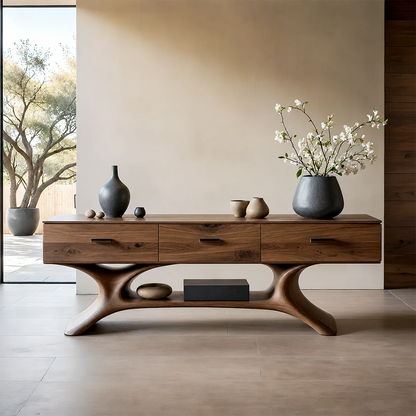 Entryway Console Table in Natural Solid Wood with Storage Drawers for Modern Homes