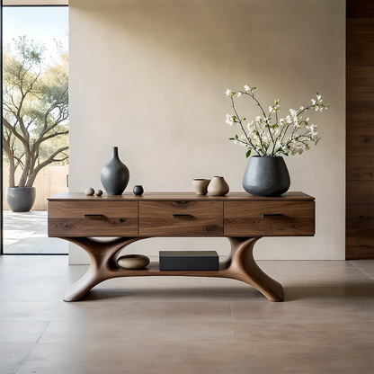 Entryway Console Table in Natural Solid Wood with Storage Drawers for Modern Homes