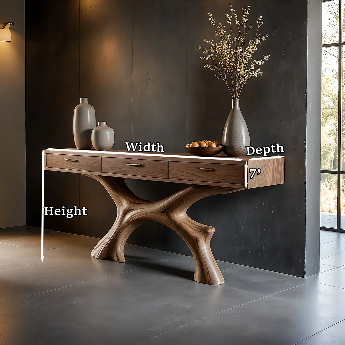 Unique console cabinet with organic base silhouette and multiple drawers for modern homes