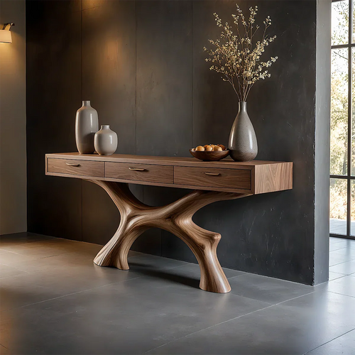 Modern console table with sculptural base and drawers for stylish entryway storage solutions