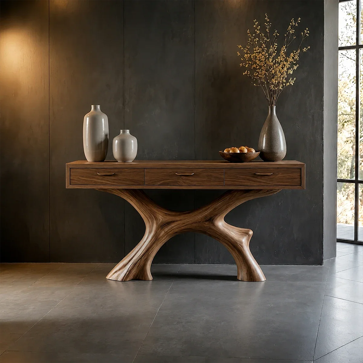 Natural Wood Console Table with Storage Drawers and Open Display Base Design