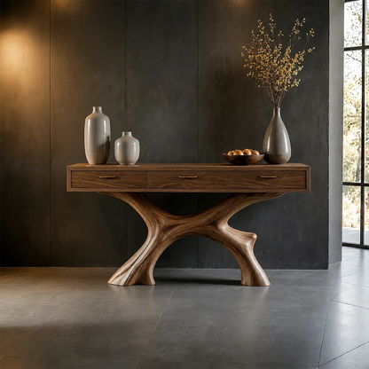 Natural Wood Console Table with Storage Drawers and Open Display Base Design