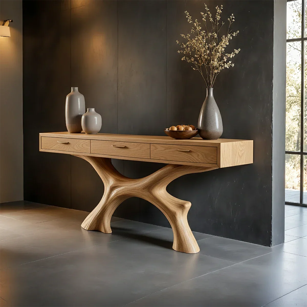 Modern entry console with fluid base design and wide drawers for home organization needs