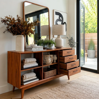 Functional foyer table combining concealed drawer storage and open shelf compartments