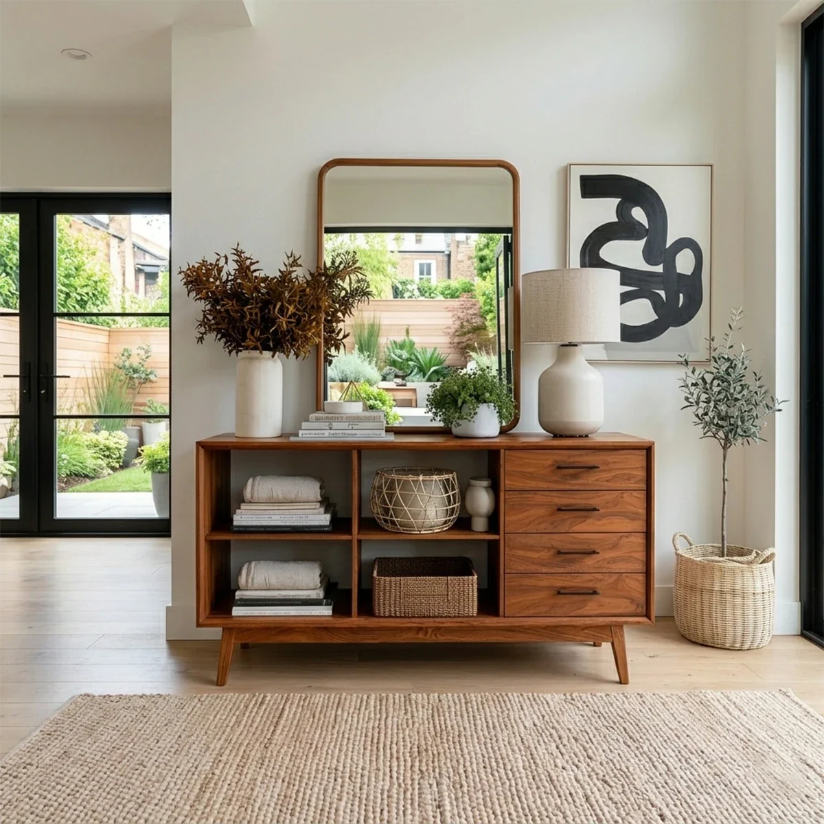 Practical console table designed with multiple drawers and spacious storage cubbies