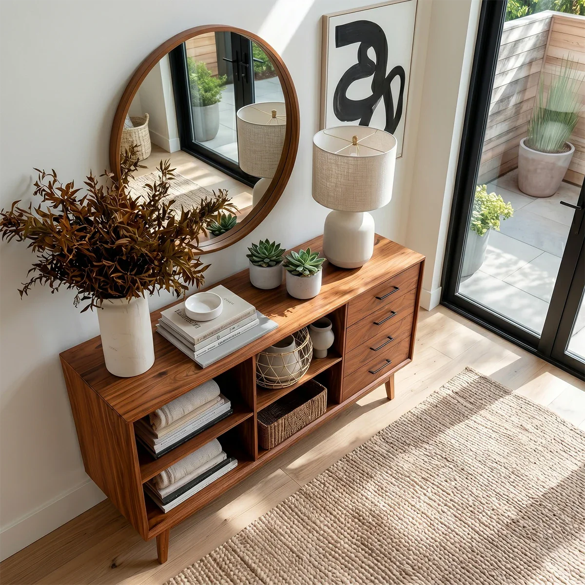 Refined console cabinet with multiple drawers and spacious open cubbies for storage