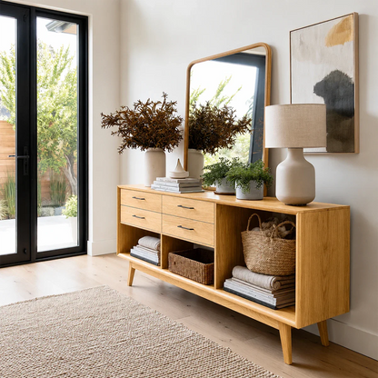 Versatile sofa table with four drawers and open compartments for modern home storage