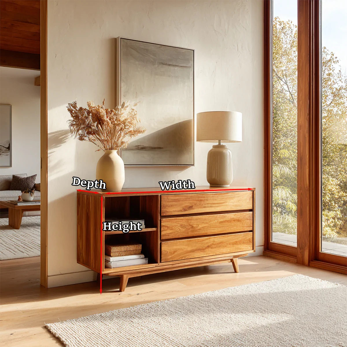 Modern accent console featuring practical storage drawers and accessible shelving space