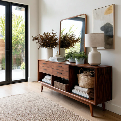 Modern console table with four drawers and open shelf storage for organized entryways