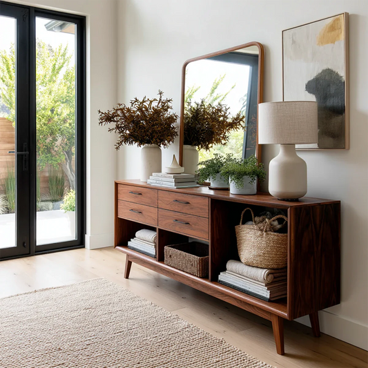 Modern console table with four drawers and open shelf storage for organized entryways