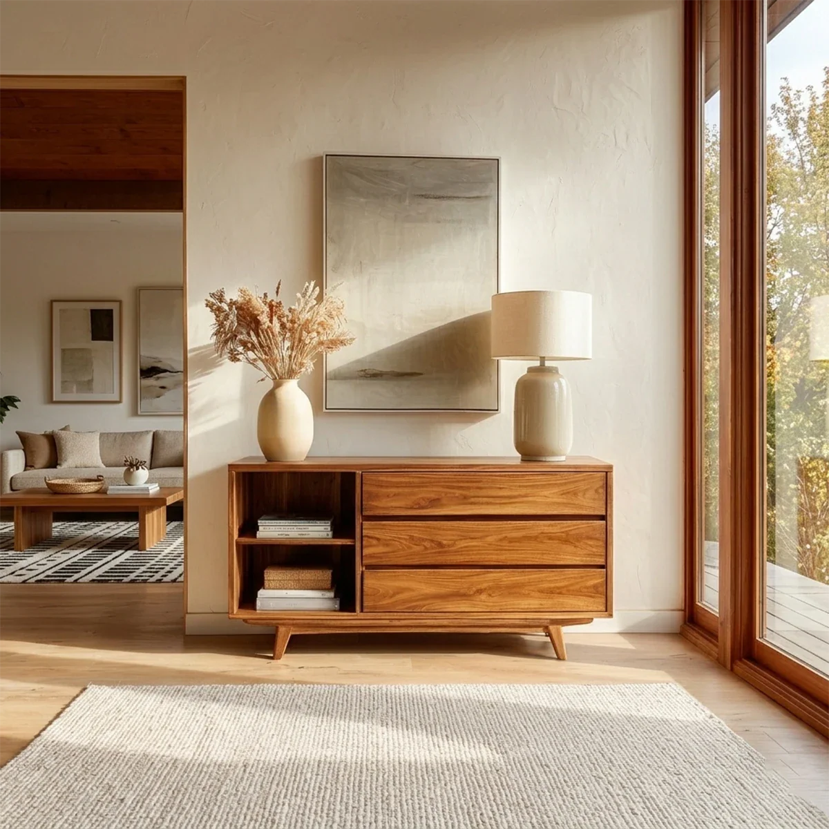 Stylish entryway table featuring drawer storage and open shelving for daily essentials