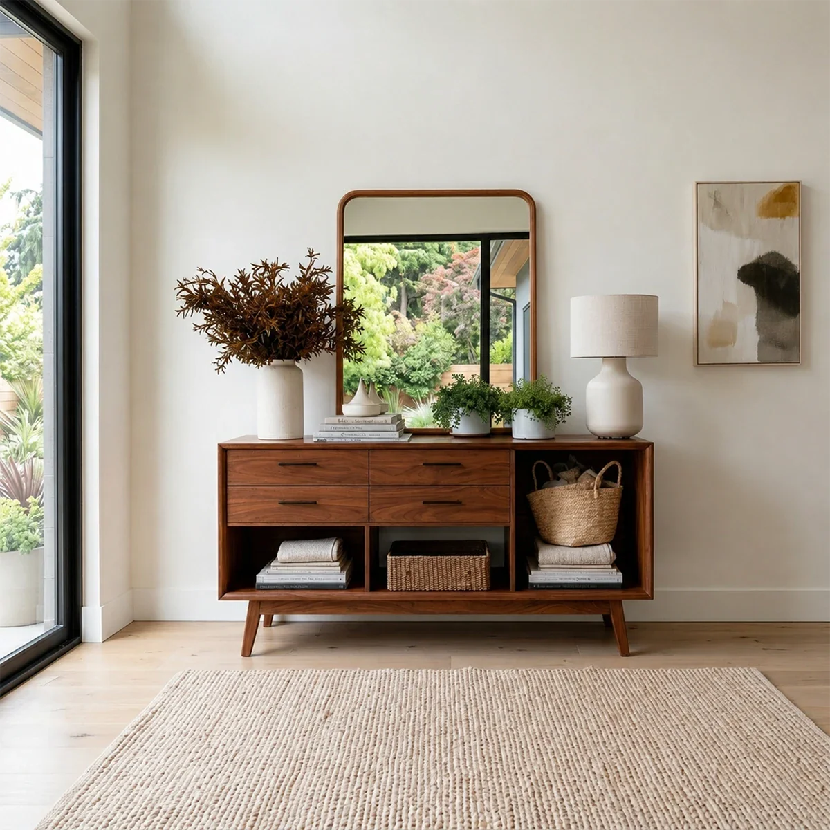 Streamlined entry console with organized drawer storage and open display shelving below