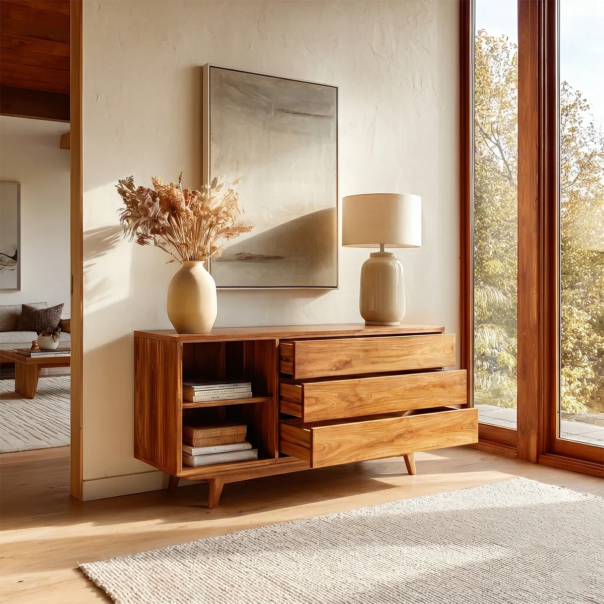 Functional foyer table combining concealed storage and open shelving in a clean design