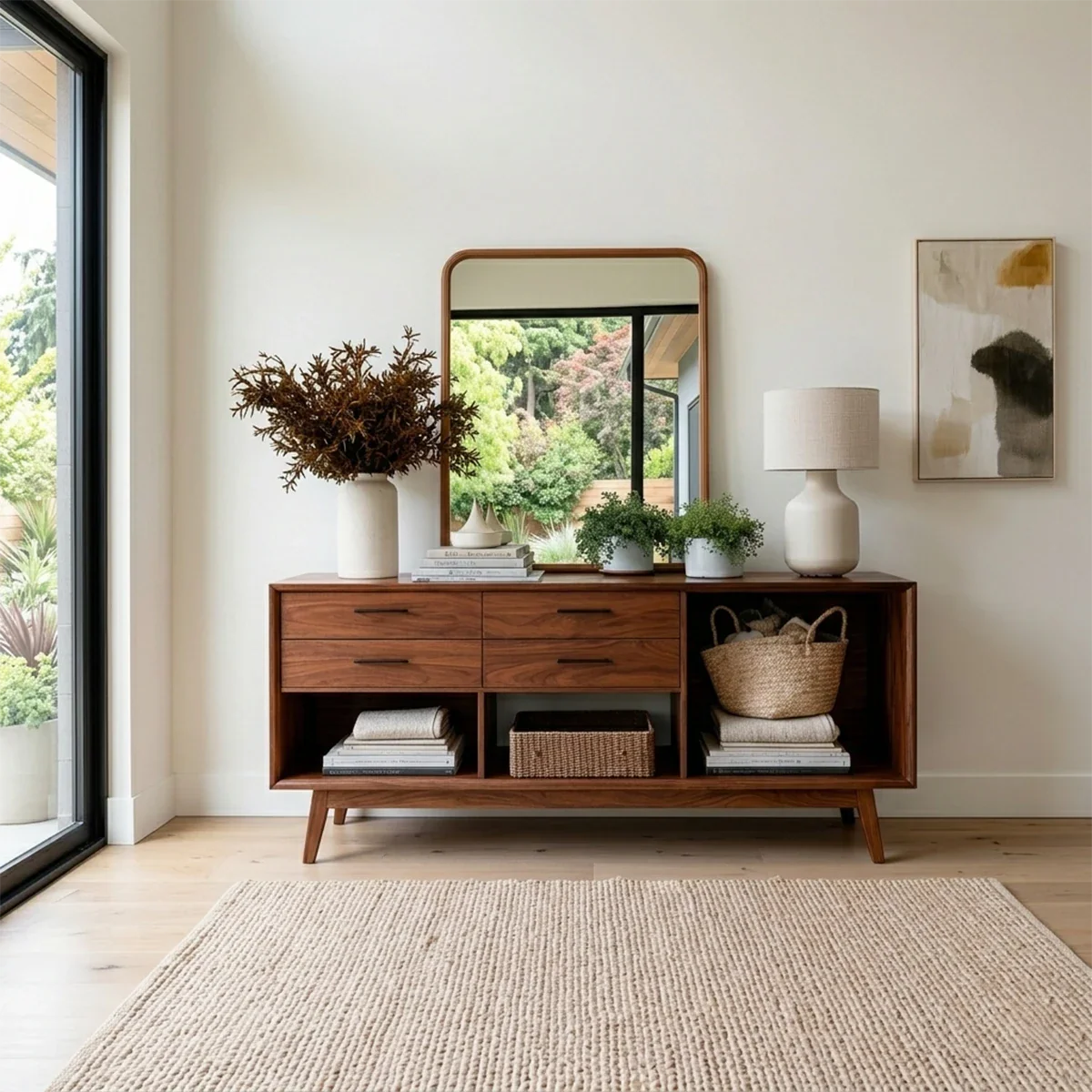 Practical console table designed with multiple drawers and open shelf compartments