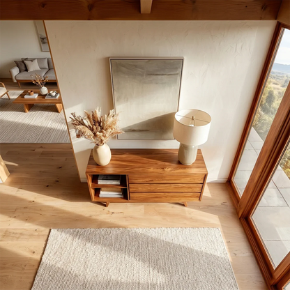Elegant storage console with three drawers and practical open shelf organization space