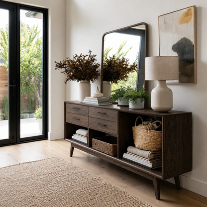 Stylish entryway console combining practical drawer storage and open shelving below