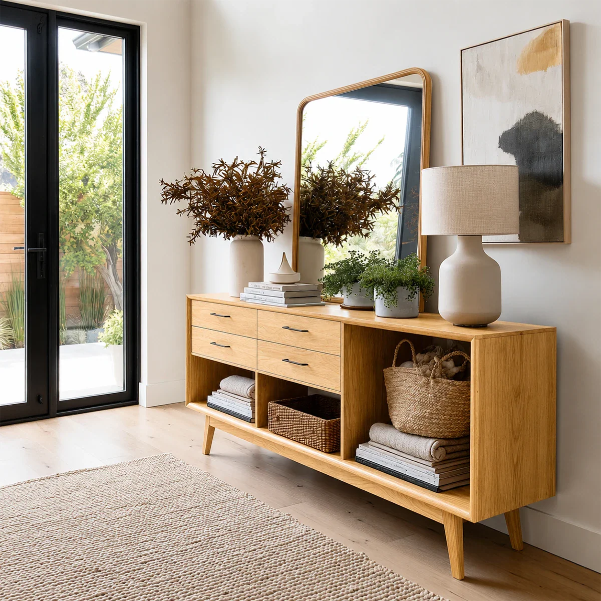 Versatile sofa table with four drawers and open shelf organization for modern interiors