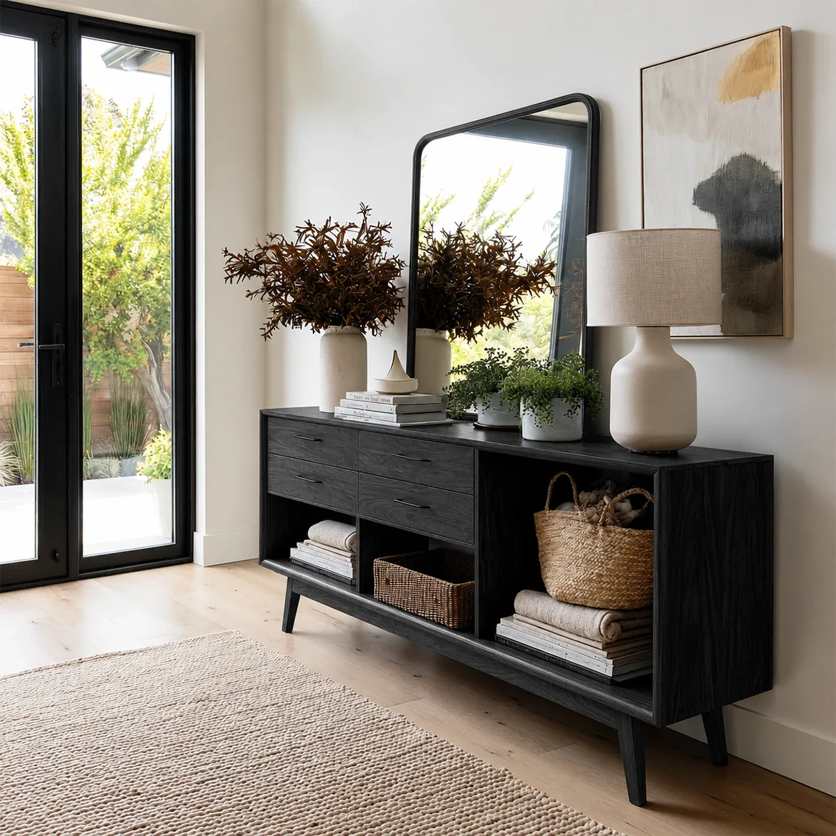 Thoughtfully designed hallway table featuring concealed storage and display shelving