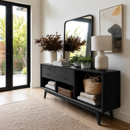 Thoughtfully designed hallway table featuring concealed storage and display shelving