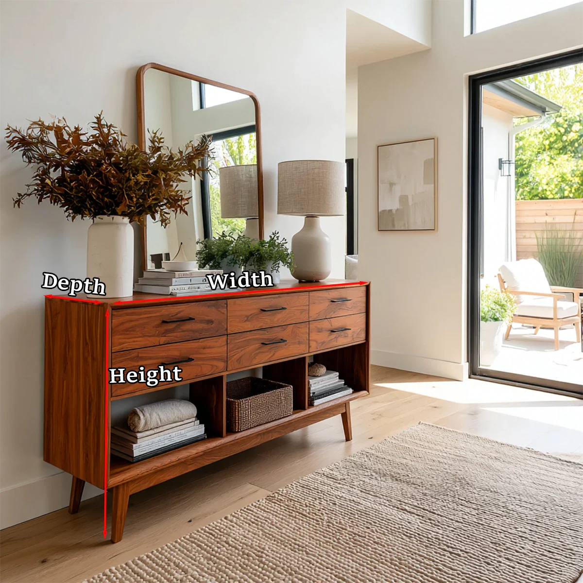 Stylish console table combining drawer storage and open shelving for entryway décor