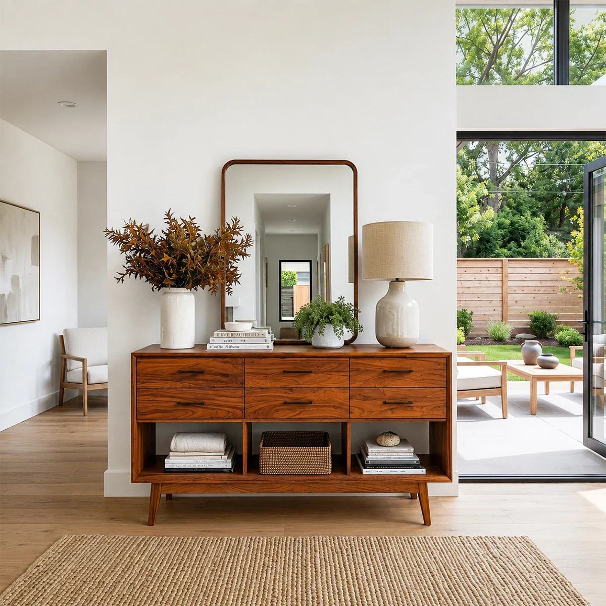 Contemporary entryway table featuring six storage drawers and lower display compartments