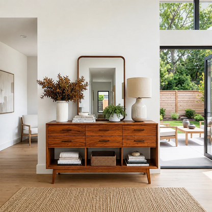 Contemporary entryway table featuring six storage drawers and lower display compartments