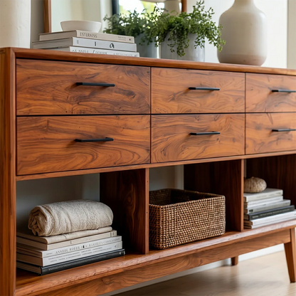 Elegant hallway console with spacious drawers and open shelving for everyday essentials