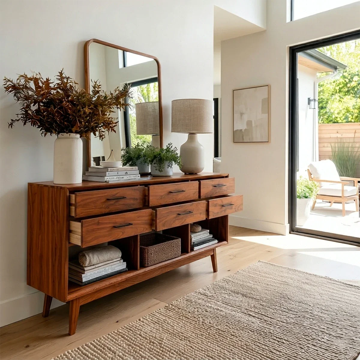 Functional foyer table with six drawers and open storage cubbies for home organization