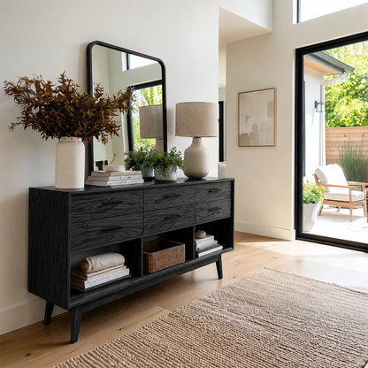Contemporary hallway table with six drawers and display shelves for modern interiors