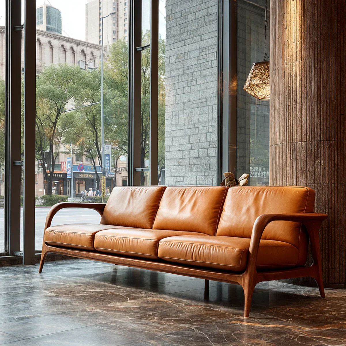 Modern 3 seat sofa with curved arms, leather cushions and natural wood frame in bright urban living space