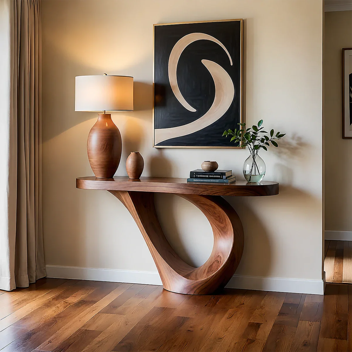 Curved Loop Console Table in Natural Solid Wood for Modern Entryway