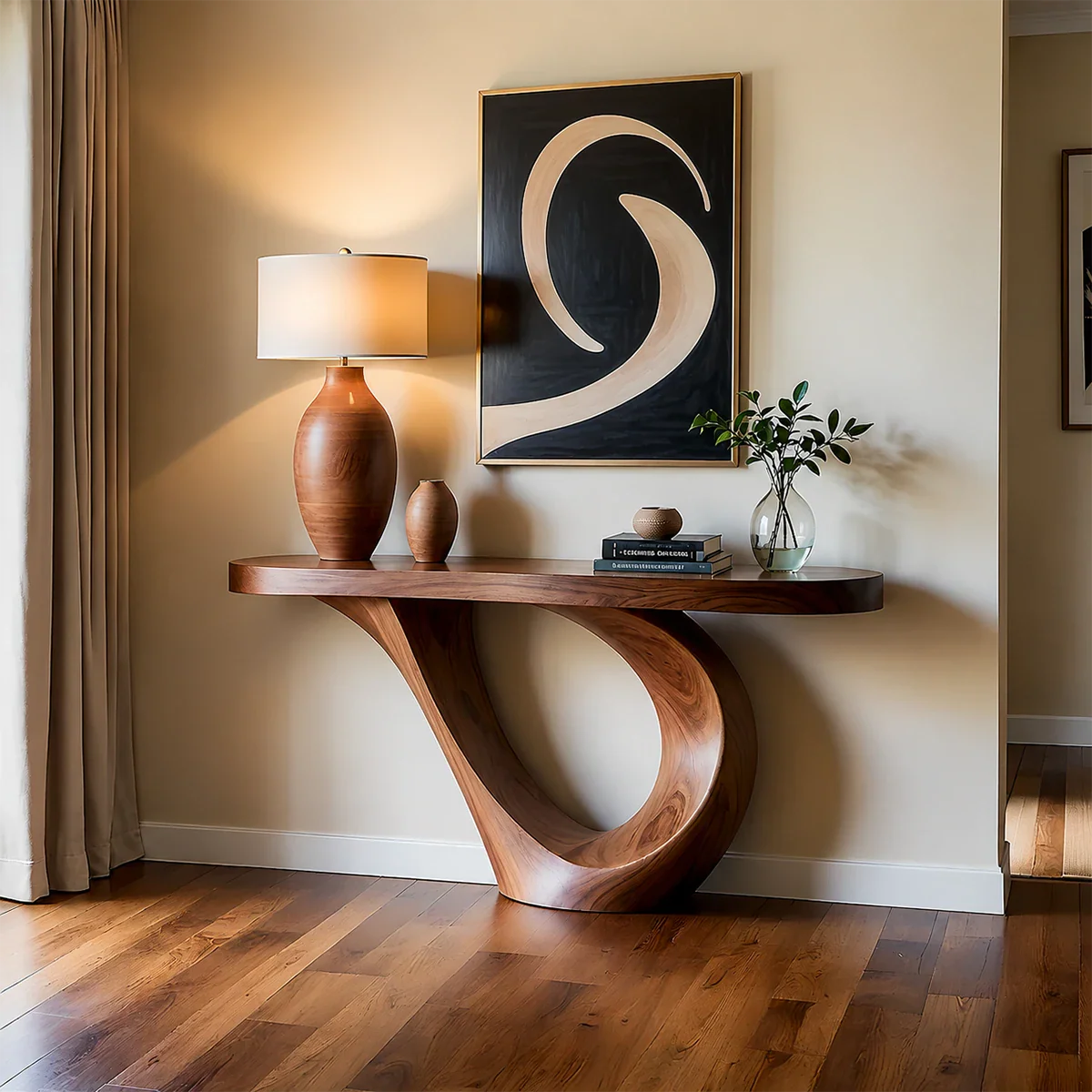 Curved Loop Console Table in Natural Solid Wood for Modern Entryway
