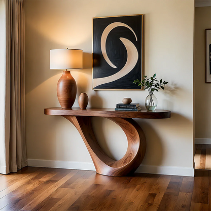 Curved Loop Console Table in Natural Solid Wood for Modern Entryway