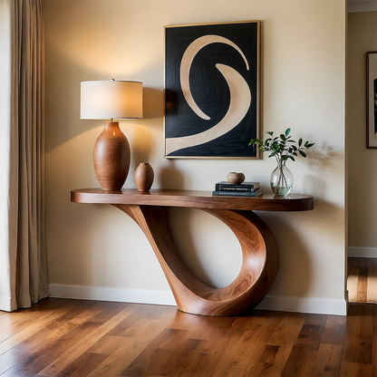 Curved Loop Console Table in Natural Solid Wood for Modern Entryway
