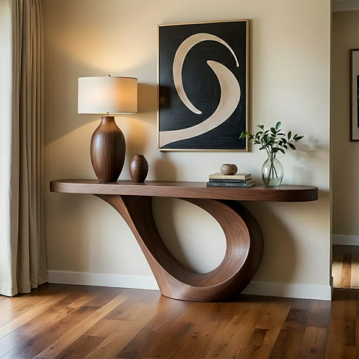 This modern console table features a curved base design crafted from richly grained natural wood