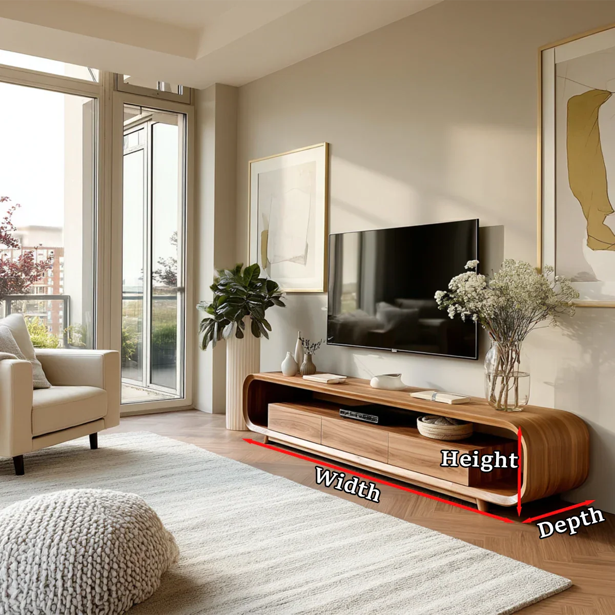 A natural wood media console with curved edges and drawers brings warmth to minimalist interiors