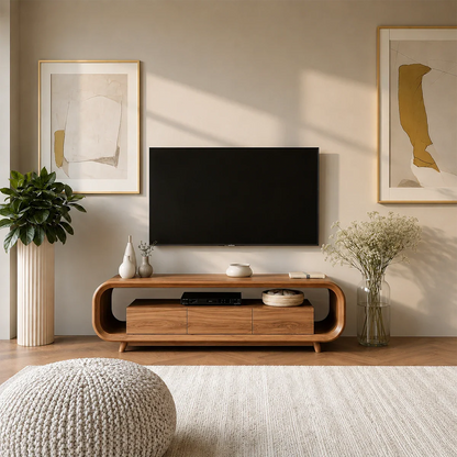 Low Profile Curved TV Stand in Natural Solid Wood with Drawer Storage