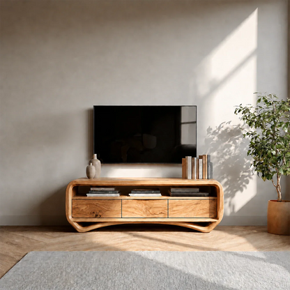Curved Low Profile TV Stand in Natural Solid Wood with Storage Drawers